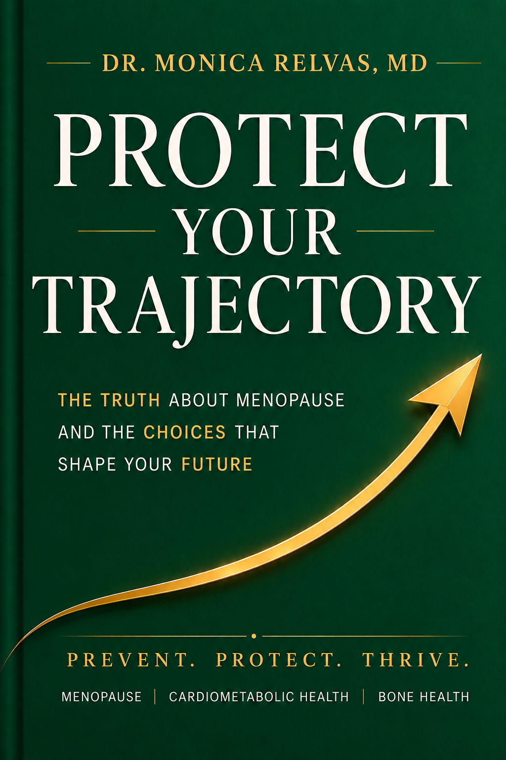 Protect Your Trajectory book cover by Dr. Monica Relvas, MD — The truth about menopause and the choices that shape your future. Prevent. Protect. Thrive.