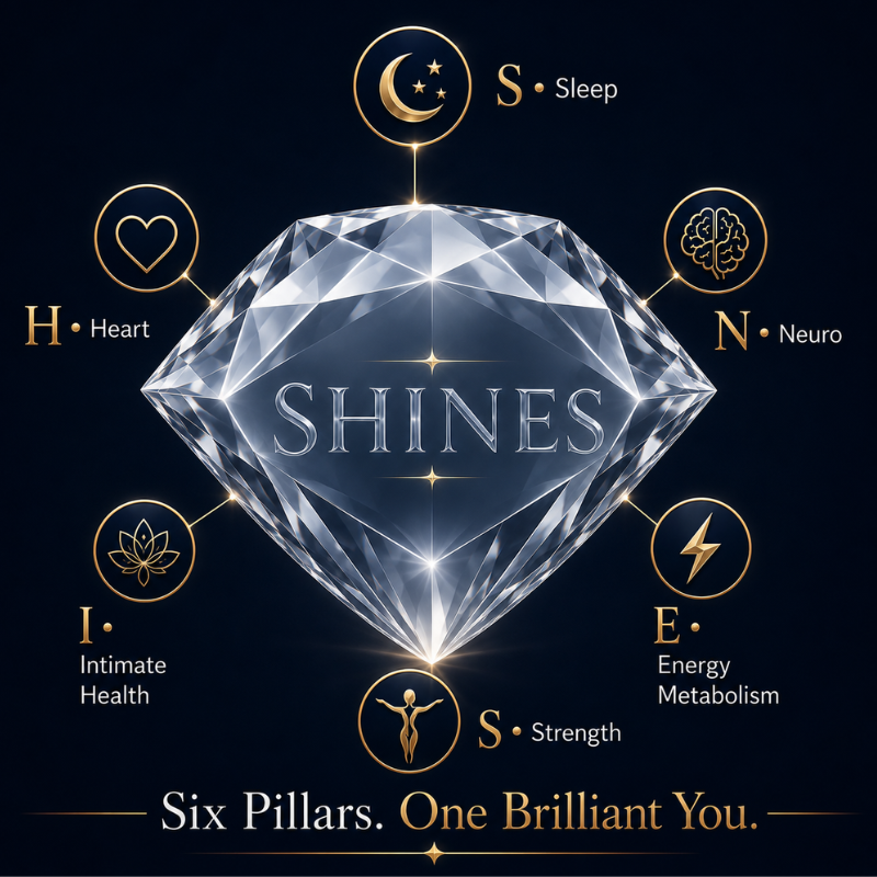 The SHINES framework: Sleep, Heart, Intimate Health, Neuro, Energy, Strength — six pillars around a diamond, with the tagline Six Pillars. One Brilliant You.